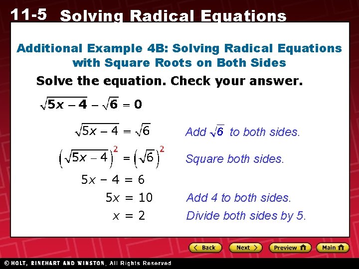 11 -5 Solving Radical Equations Additional Example 4 B: Solving Radical Equations with Square