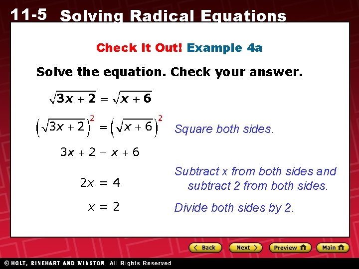 11 -5 Solving Radical Equations Check It Out! Example 4 a Solve the equation.