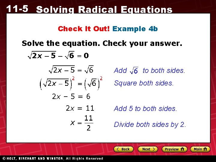 11 -5 Solving Radical Equations Check It Out! Example 4 b Solve the equation.