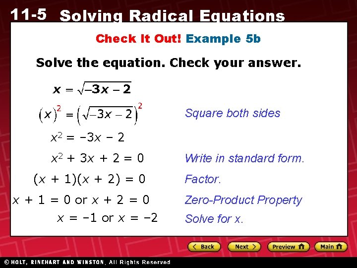 11 -5 Solving Radical Equations Check It Out! Example 5 b Solve the equation.