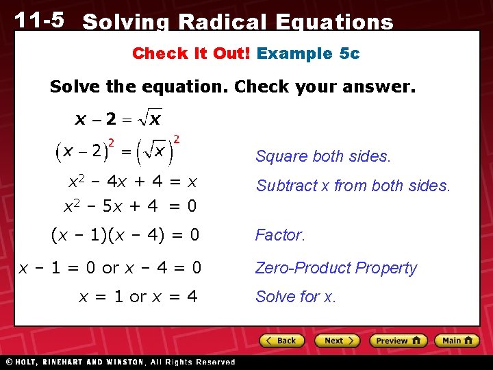 11 -5 Solving Radical Equations Check It Out! Example 5 c Solve the equation.