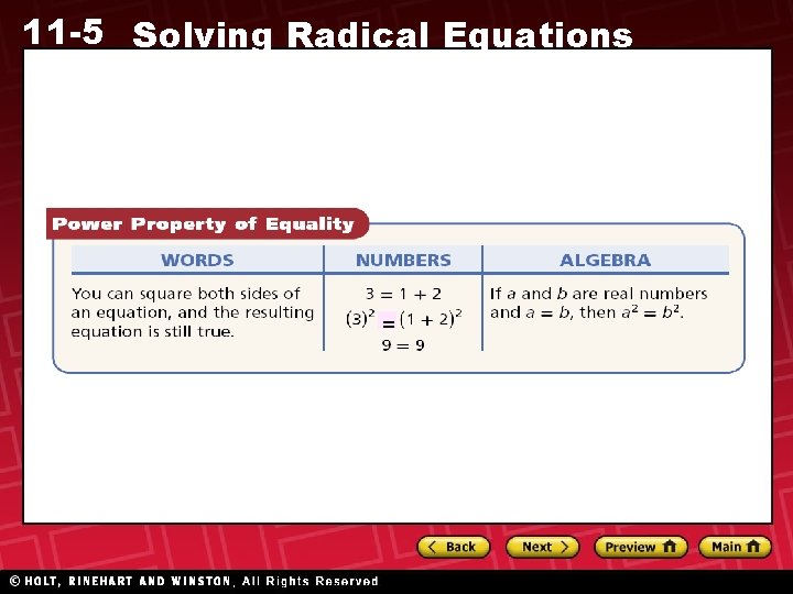 11 -5 Solving Radical Equations = 