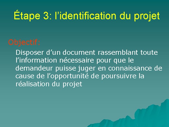 Étape 3: l’identification du projet Objectif: Disposer d’un document rassemblant toute l’information nécessaire pour