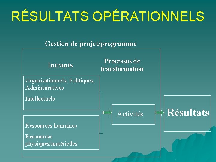 RÉSULTATS OPÉRATIONNELS Gestion de projet/programme Intrants Processus de transformation Organisationnels, Politiques, Administratives Intellectuels Activités