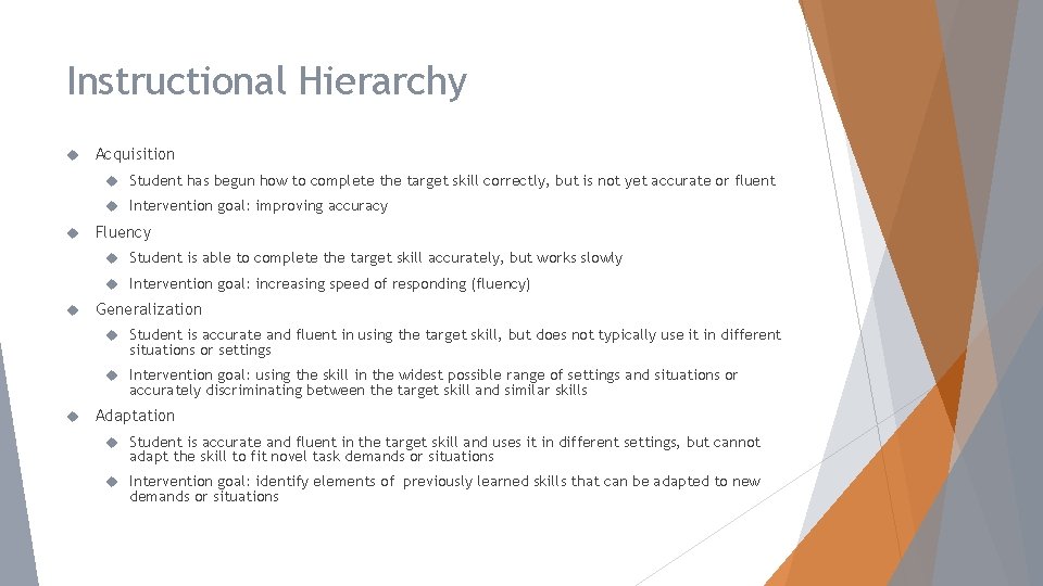 Instructional Hierarchy Acquisition Student has begun how to complete the target skill correctly, but