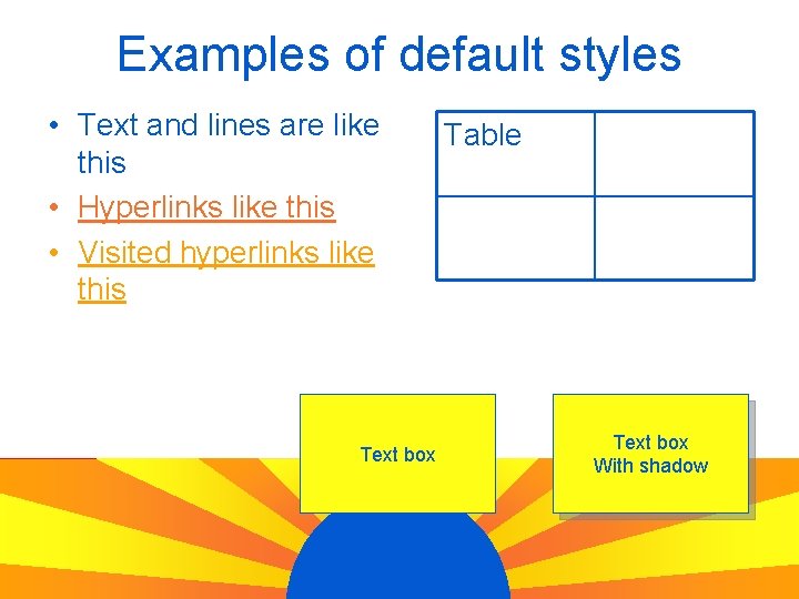 Examples of default styles • Text and lines are like this • Hyperlinks like