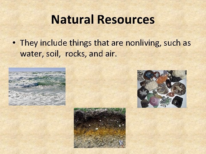 Natural Resources • They include things that are nonliving, such as water, soil, rocks,