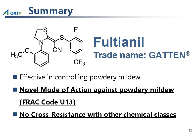 Summary Fultianil Trade name: GATTEN® n Effective in controlling powdery mildew n Novel Mode