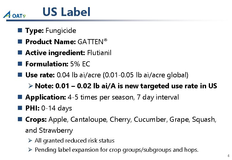 US Label n Type: Fungicide n Product Name: GATTEN® n Active ingredient: Flutianil n