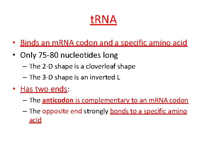 t. RNA • Binds an m. RNA codon and a specific amino acid •