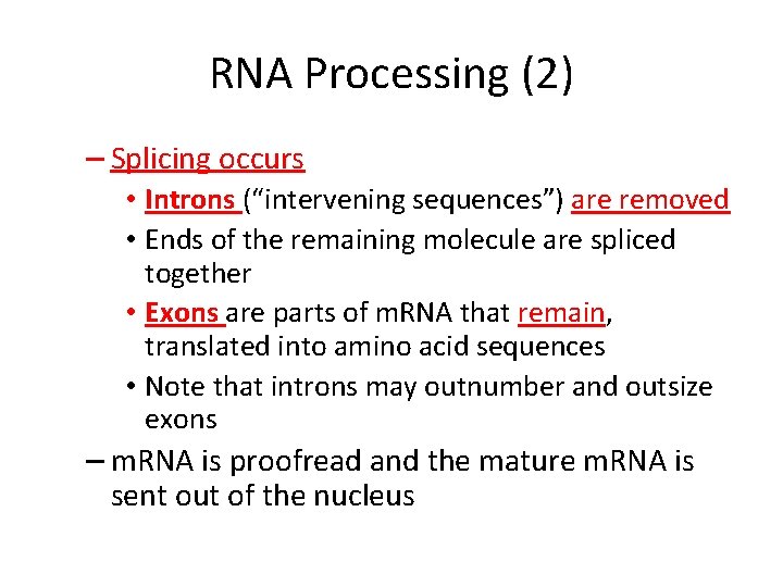 RNA Processing (2) – Splicing occurs • Introns (“intervening sequences”) are removed • Ends
