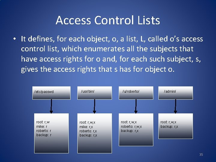 Access Control Lists • It defines, for each object, o, a list, L, called