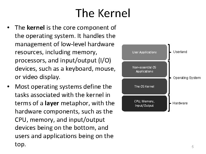 The Kernel • The kernel is the core component of the operating system. It