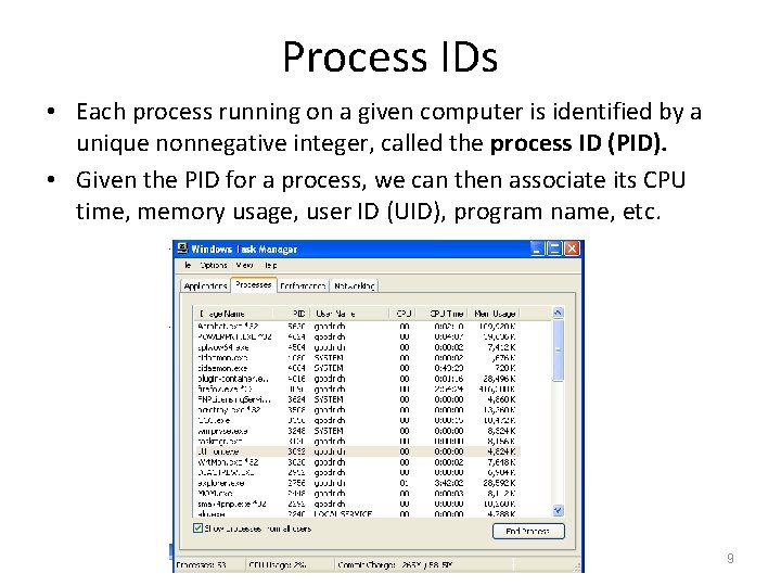 Process IDs • Each process running on a given computer is identified by a
