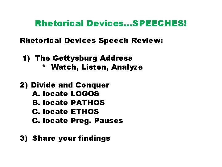 Rhetorical Devices…SPEECHES! Rhetorical Devices Speech Review: 1) The Gettysburg Address * Watch, Listen, Analyze