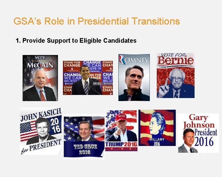 GSA’s Role in Presidential Transitions 1. Provide Support to Eligible Candidates 2 