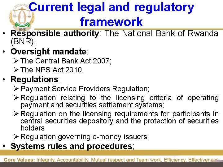 Current legal and regulatory framework • Responsible authority: The National Bank of Rwanda (BNR);