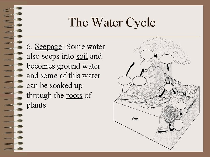 The Water Cycle 6. Seepage: Some water also seeps into soil and becomes ground