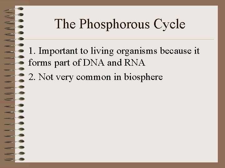 The Phosphorous Cycle 1. Important to living organisms because it forms part of DNA