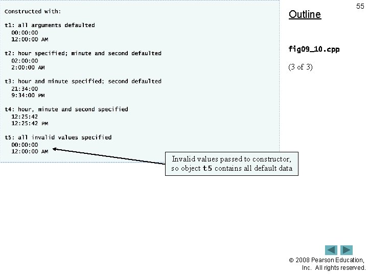 Outline 55 fig 09_10. cpp (3 of 3) Invalid values passed to constructor, so