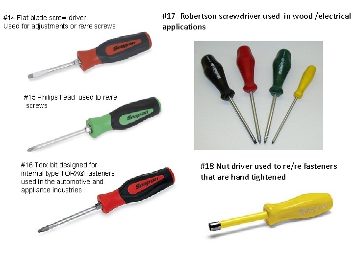 #14 Flat blade screw driver Used for adjustments or re/re screws #17 Robertson screwdriver