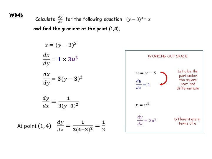 WB 4 b and find the gradient at the point (1, 4), WORKING OUT