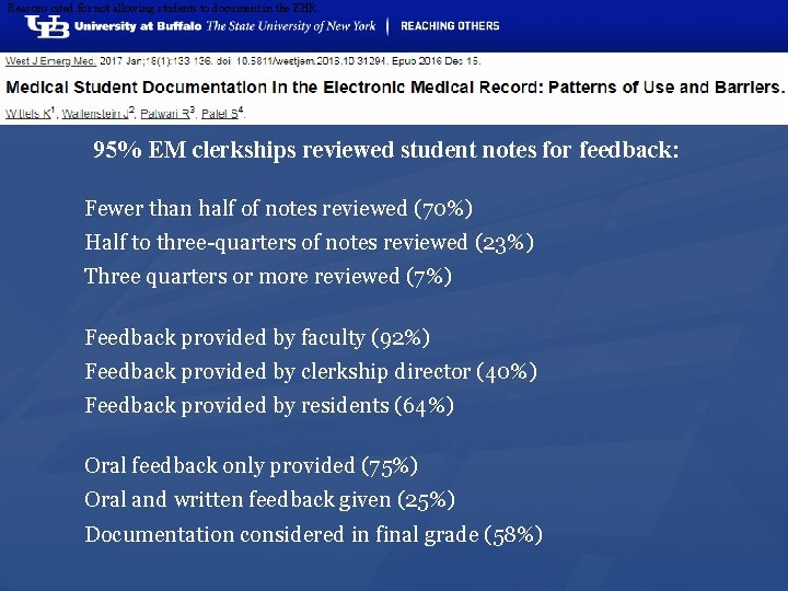 Reasons cited for not allowing students to document in the EHR. 95% EM clerkships
