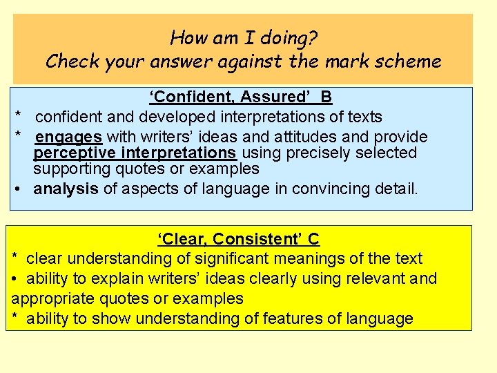 How am I doing? Check your answer against the mark scheme ‘Confident, Assured’ B