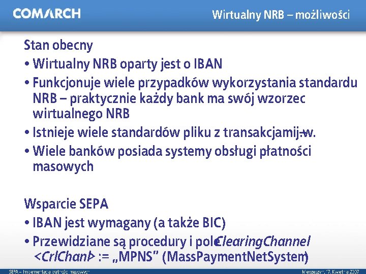 Wirtualny NRB – możliwości Stan obecny Wirtualny NRB oparty jest o IBAN Funkcjonuje wiele