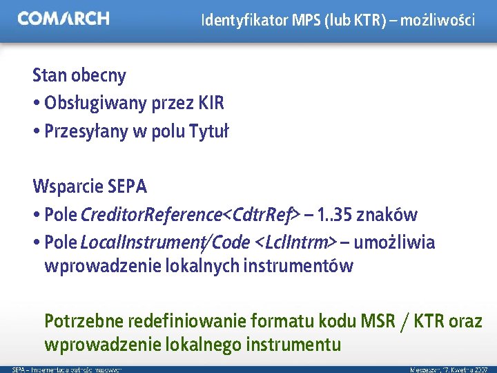 Identyfikator MPS (lub KTR) – możliwości Stan obecny Obsługiwany przez KIR Przesyłany w polu