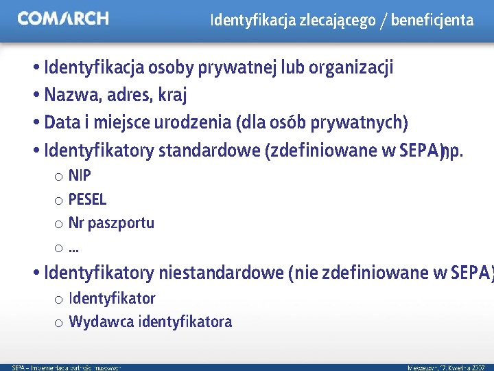 Identyfikacja zlecającego / beneficjenta Identyfikacja osoby prywatnej lub organizacji Nazwa, adres, kraj Data i