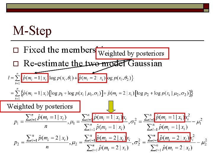 M-Step o o Fixed the memberships Weighted by posteriors Re-estimate the two model Gaussian