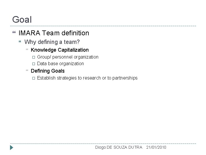 Goal IMARA Team definition Why defining a team? Knowledge Capitalization Group/ personnel organization Data