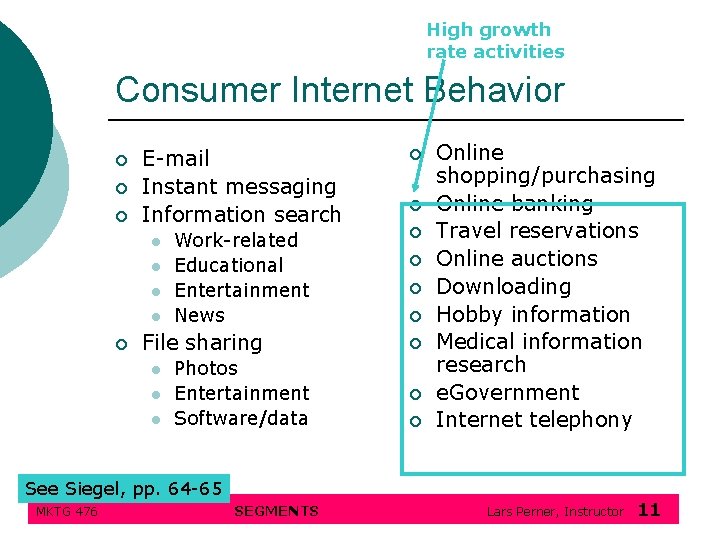 High growth rate activities Consumer Internet Behavior ¡ ¡ ¡ E-mail Instant messaging Information