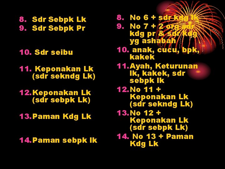 8. Sdr Sebpk Lk 9. Sdr Sebpk Pr 10. Sdr seibu 11. Keponakan Lk