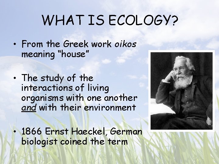 WHAT IS ECOLOGY? • From the Greek work oikos meaning “house” • The study