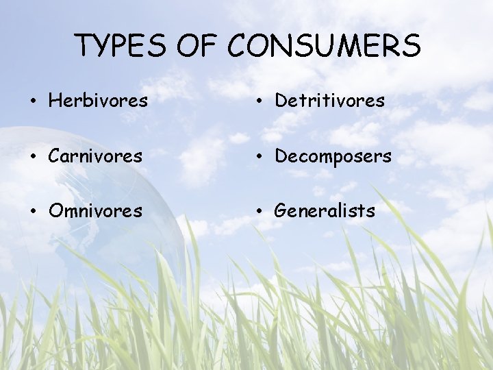 TYPES OF CONSUMERS • Herbivores • Detritivores • Carnivores • Decomposers • Omnivores •