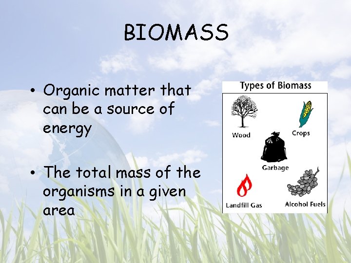 BIOMASS • Organic matter that can be a source of energy • The total