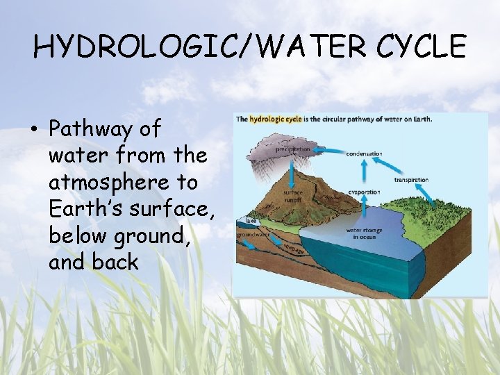 HYDROLOGIC/WATER CYCLE • Pathway of water from the atmosphere to Earth’s surface, below ground,