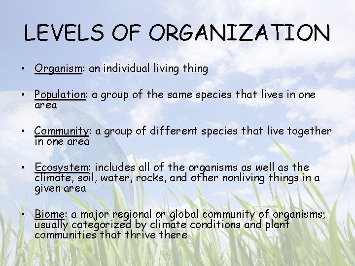 LEVELS OF ORGANIZATION • Organism: an individual living thing • Population: a group of