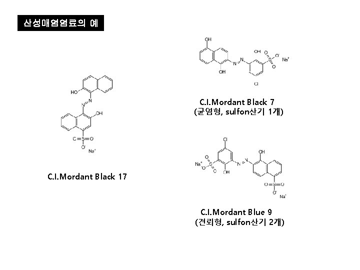 산성매염염료의 예 C. I. Mordant Black 7 (균염형, sulfon산기 1개) C. I. Mordant Black
