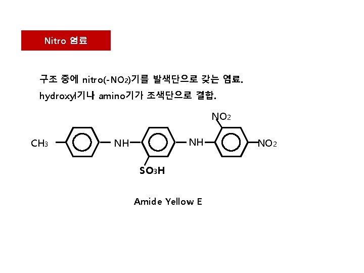 Nitro 염료 구조 중에 nitro(-NO 2)기를 발색단으로 갖는 염료. hydroxyl기나 amino기가 조색단으로 결합. NO
