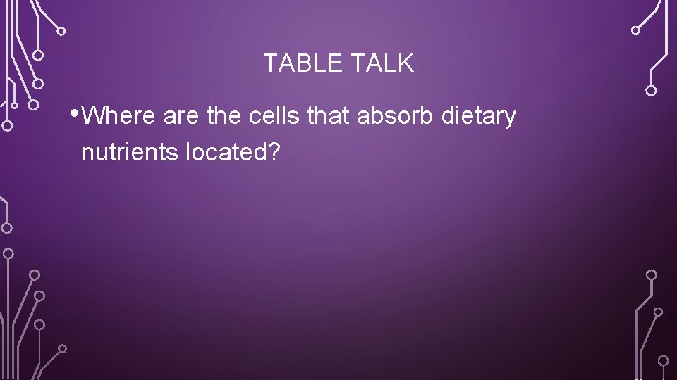 TABLE TALK • Where are the cells that absorb dietary nutrients located? 