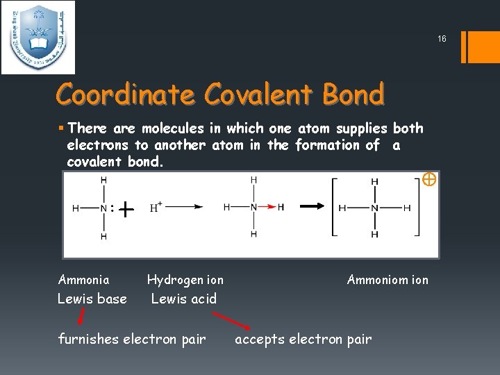 16 Coordinate Covalent Bond § There are molecules in which one atom supplies both