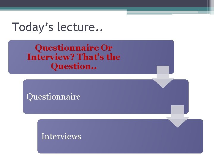 Today’s lecture. . Questionnaire Or Interview? That’s the Question. . Questionnaire Interviews 