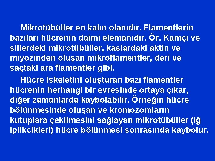 Mikrotübüller en kalın olanıdır. Flamentlerin bazıları hücrenin daimi elemanıdır. Ör. Kamçı ve sillerdeki mikrotübüller,