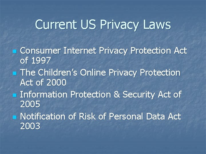 Current US Privacy Laws n n Consumer Internet Privacy Protection Act of 1997 The