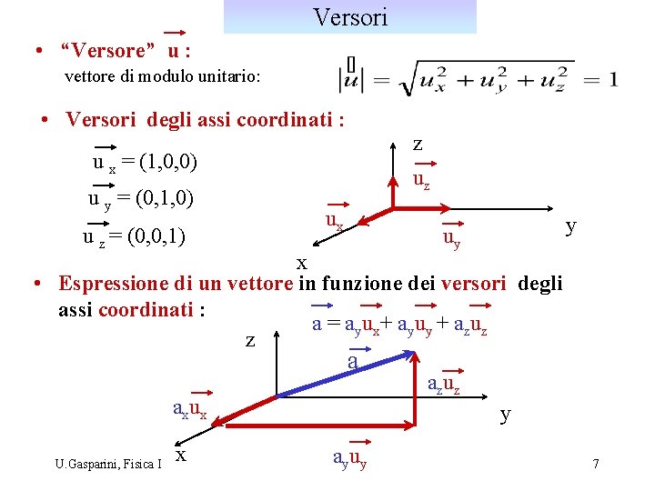 Versori • “Versore” u : vettore di modulo unitario: • Versori degli assi coordinati