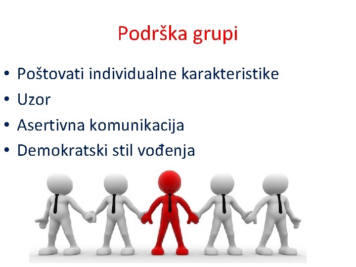 Podrška grupi • • Poštovati individualne karakteristike Uzor Asertivna komunikacija Demokratski stil vođenja 