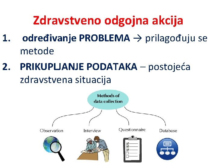 Zdravstveno odgojna akcija 1. određivanje PROBLEMA → prilagođuju se metode 2. PRIKUPLJANJE PODATAKA –